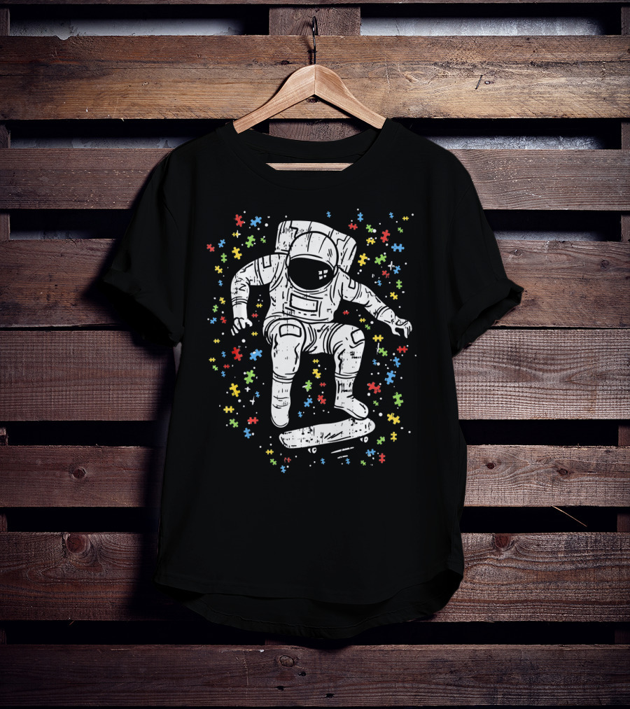Puzzle Piece Astronaut Skateboarding For Autism Awareness T-Shirt