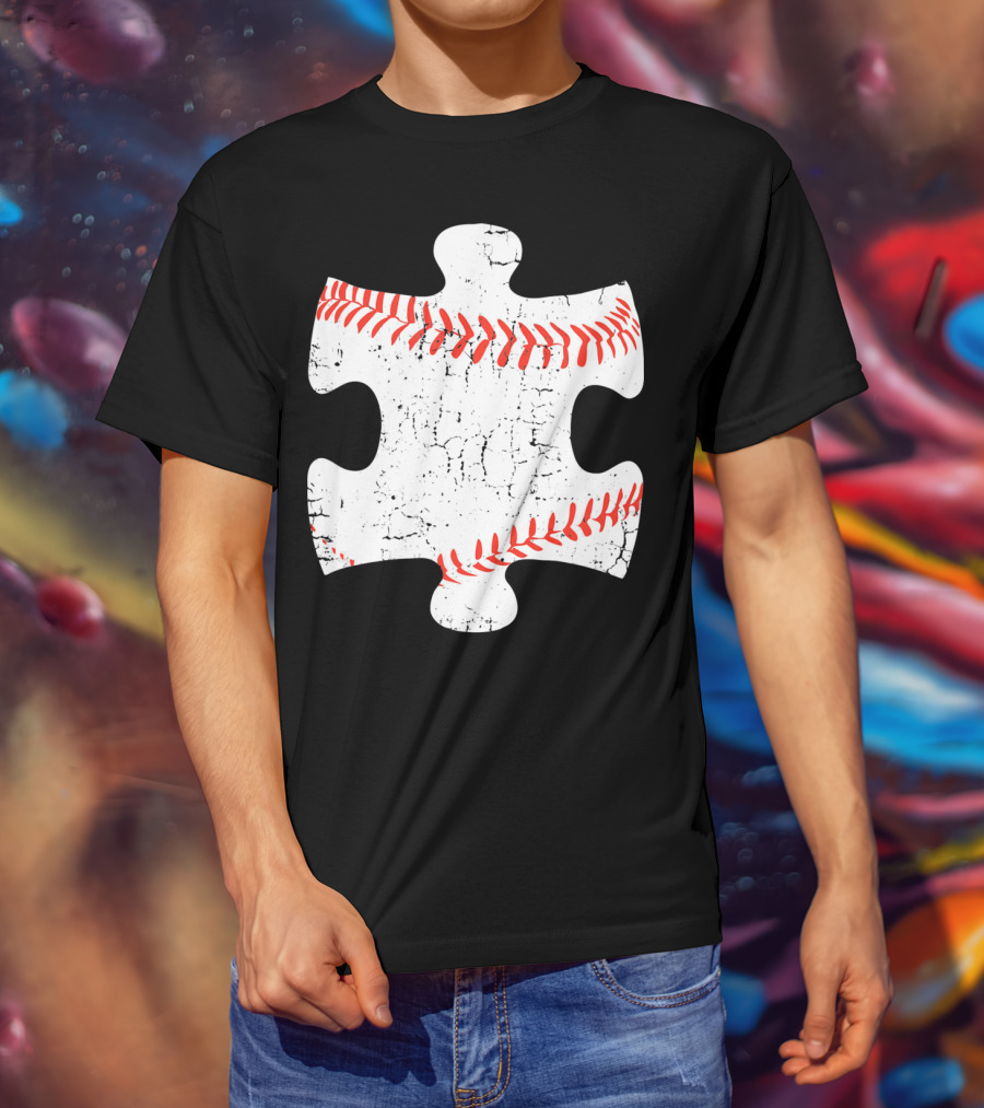 Baseball Stitch Puzzle Piece Autism Awareness T-Shirt