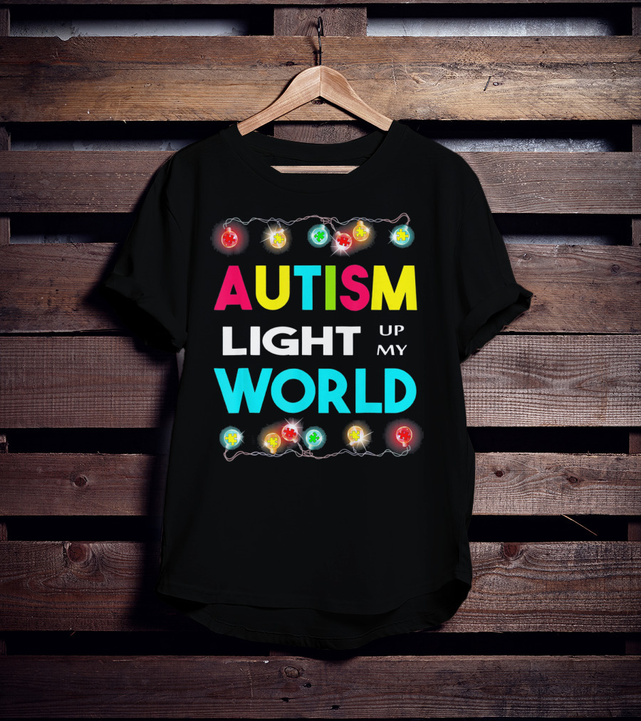 Autism Light Up My World Autism Awareness Puzzle String Lights T-Shirt