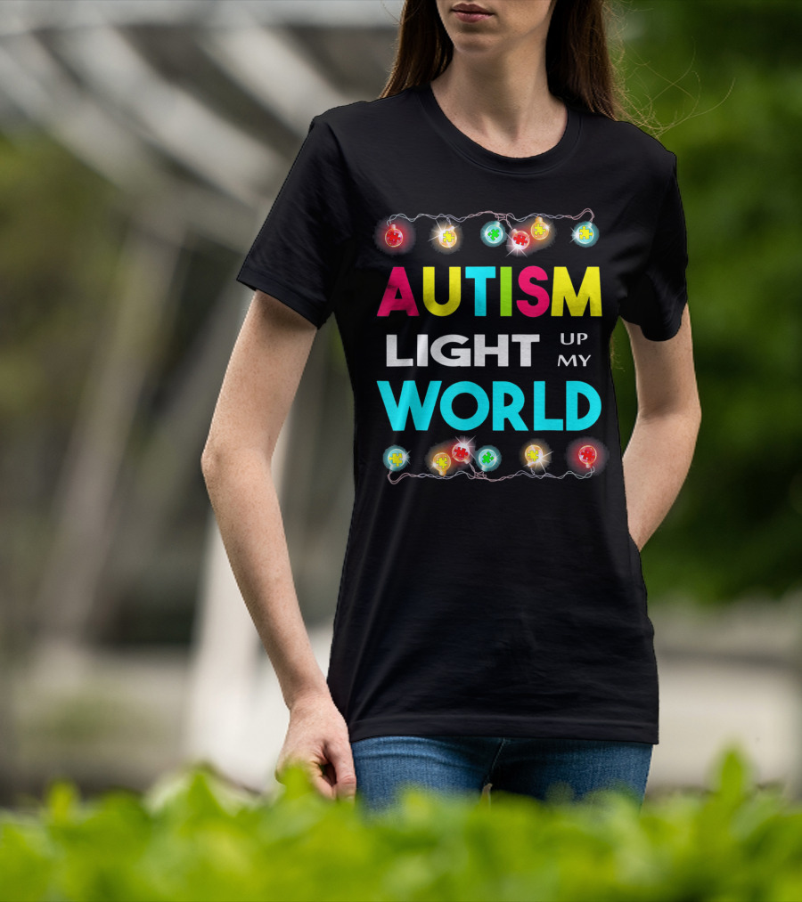 Autism Light Up My World Autism Awareness Puzzle String Lights T-Shirt