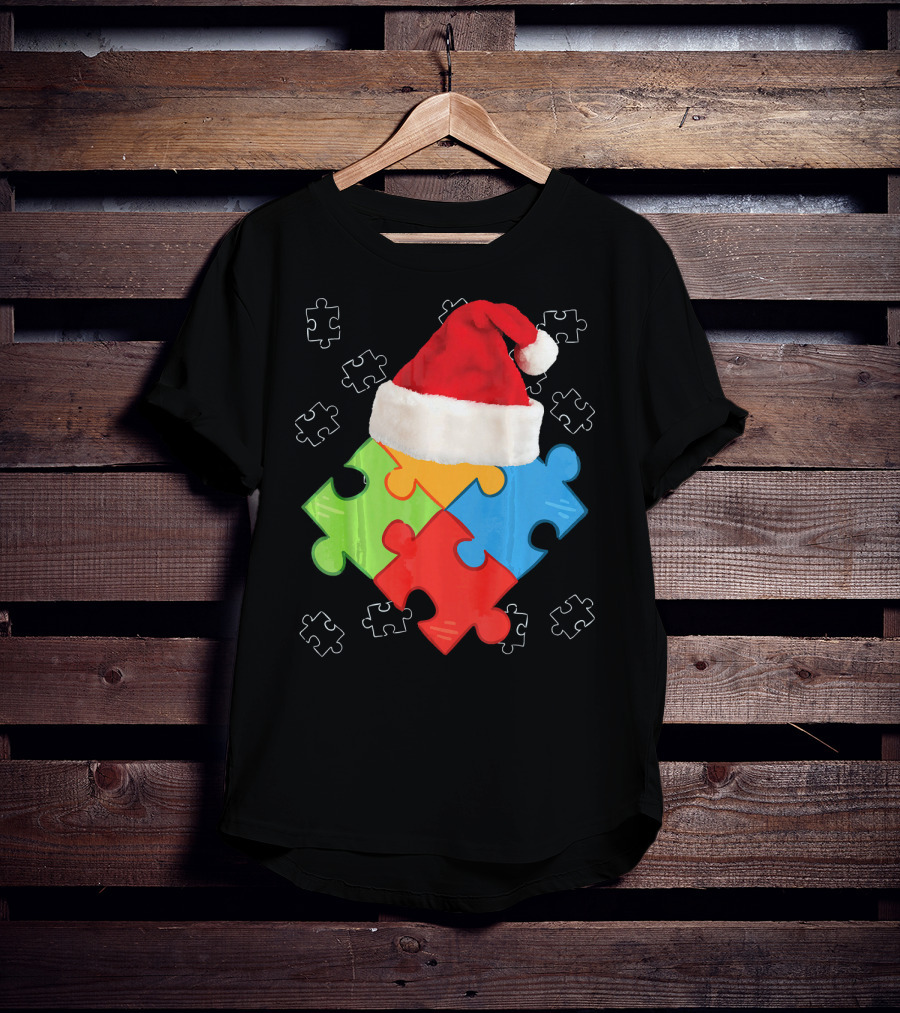 Autism Puzzle Pieces With Santa Hat Holiday T-Shirt