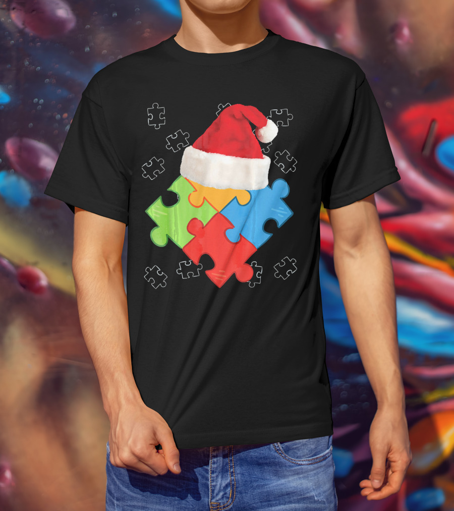 Autism Puzzle Pieces With Santa Hat Holiday T-Shirt
