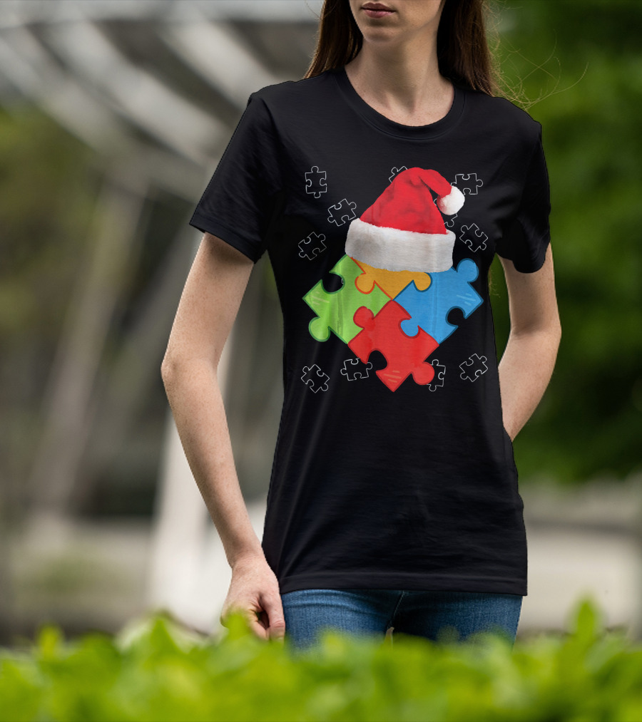 Autism Puzzle Pieces With Santa Hat Holiday T-Shirt