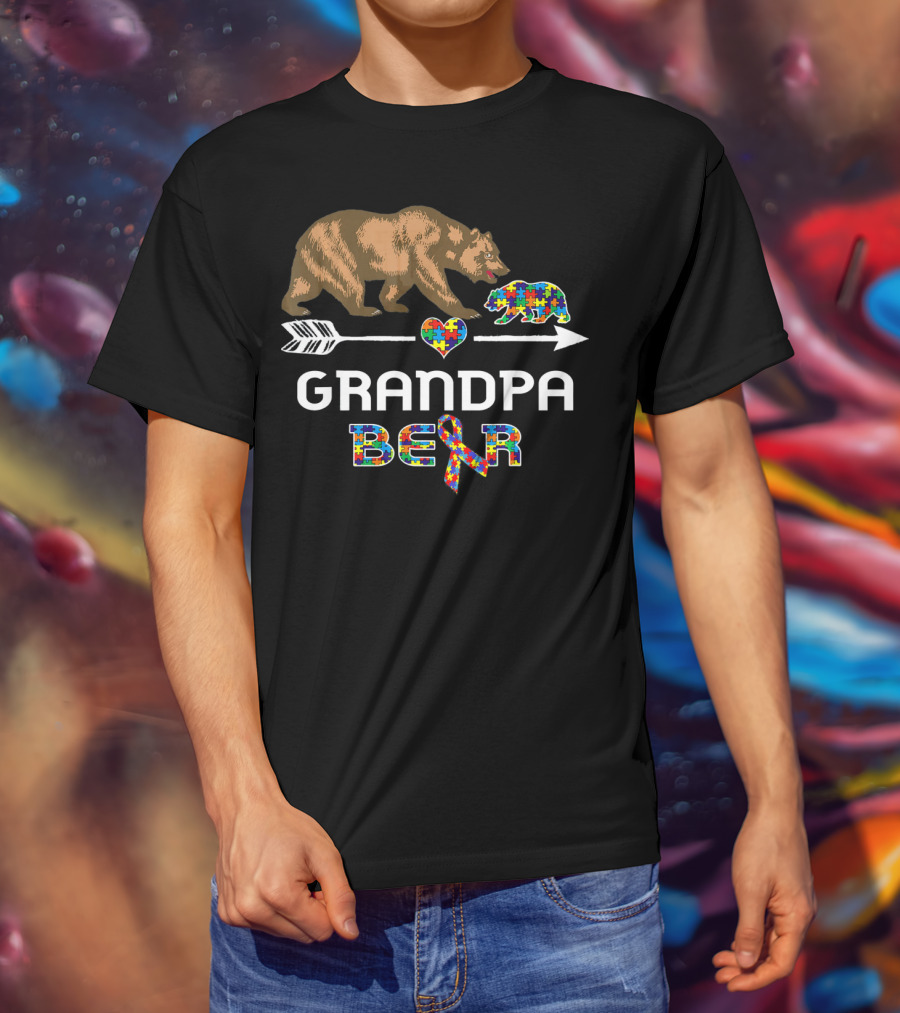 Grandpa Bear Autism Awareness Puzzle Heart And Ribbon T-Shirt