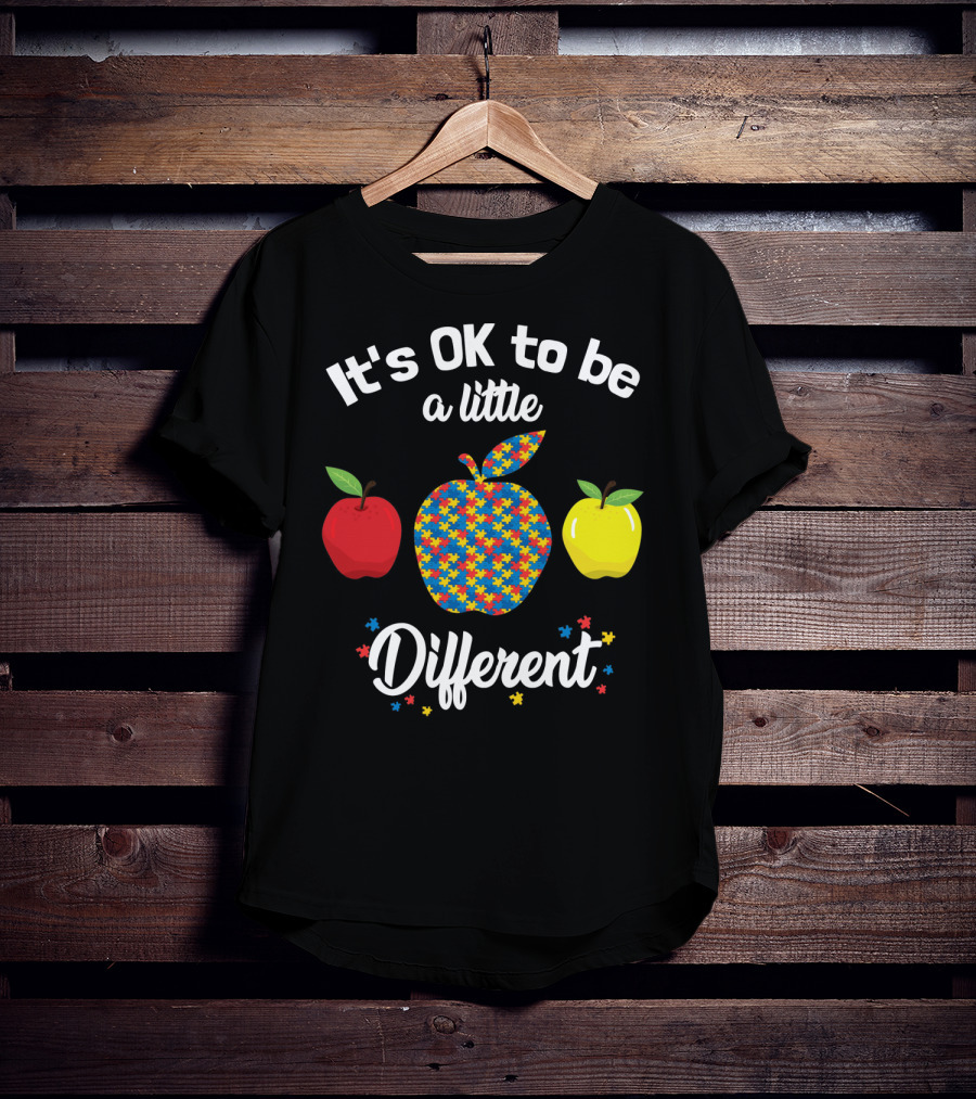 It's OK To Be A Little Different Apple Teacher Aut Puzzle Pattern Red Yellow T-Shirt