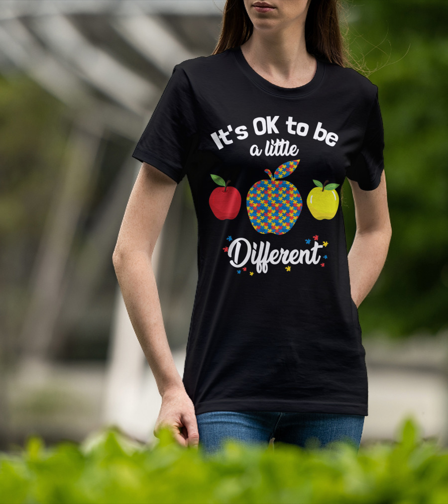 It's OK To Be A Little Different Apple Teacher Aut Puzzle Pattern Red Yellow T-Shirt