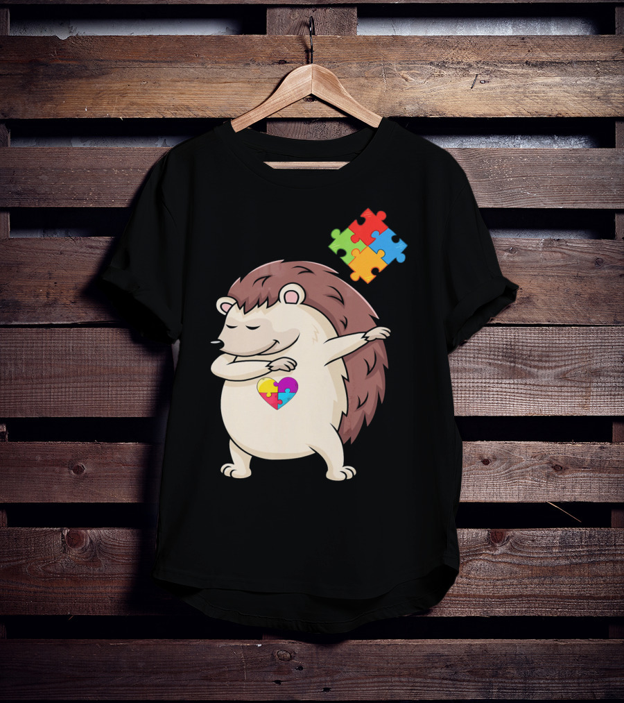 Hedgehog Dabbing With Puzzle Pieces Heart Autism Awareness T-Shirt