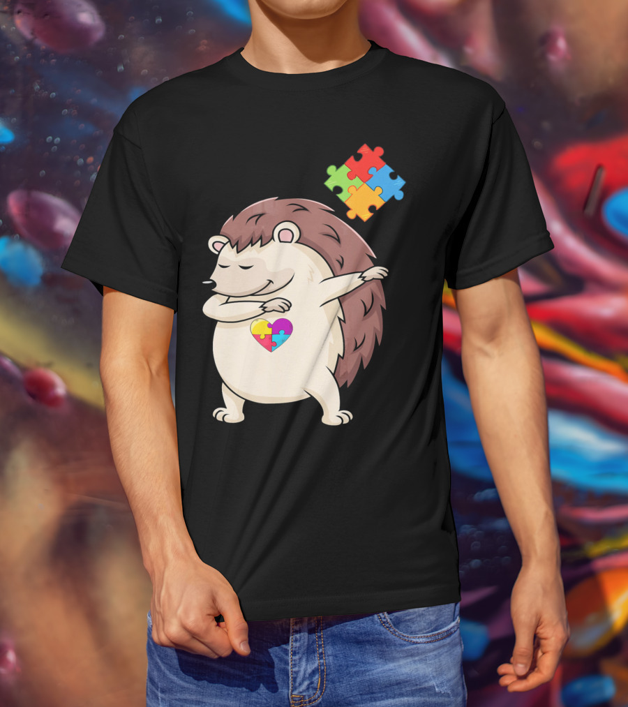 Hedgehog Dabbing With Puzzle Pieces Heart Autism Awareness T-Shirt