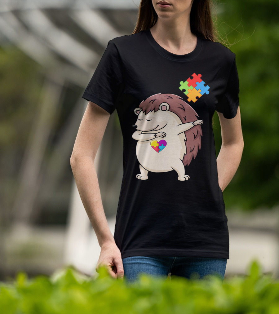 Hedgehog Dabbing With Puzzle Pieces Heart Autism Awareness T-Shirt