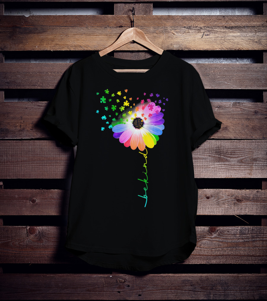 Flower Daisy Dandelion Be Kind Rainbow Puzzle Autism Awareness T-Shirt