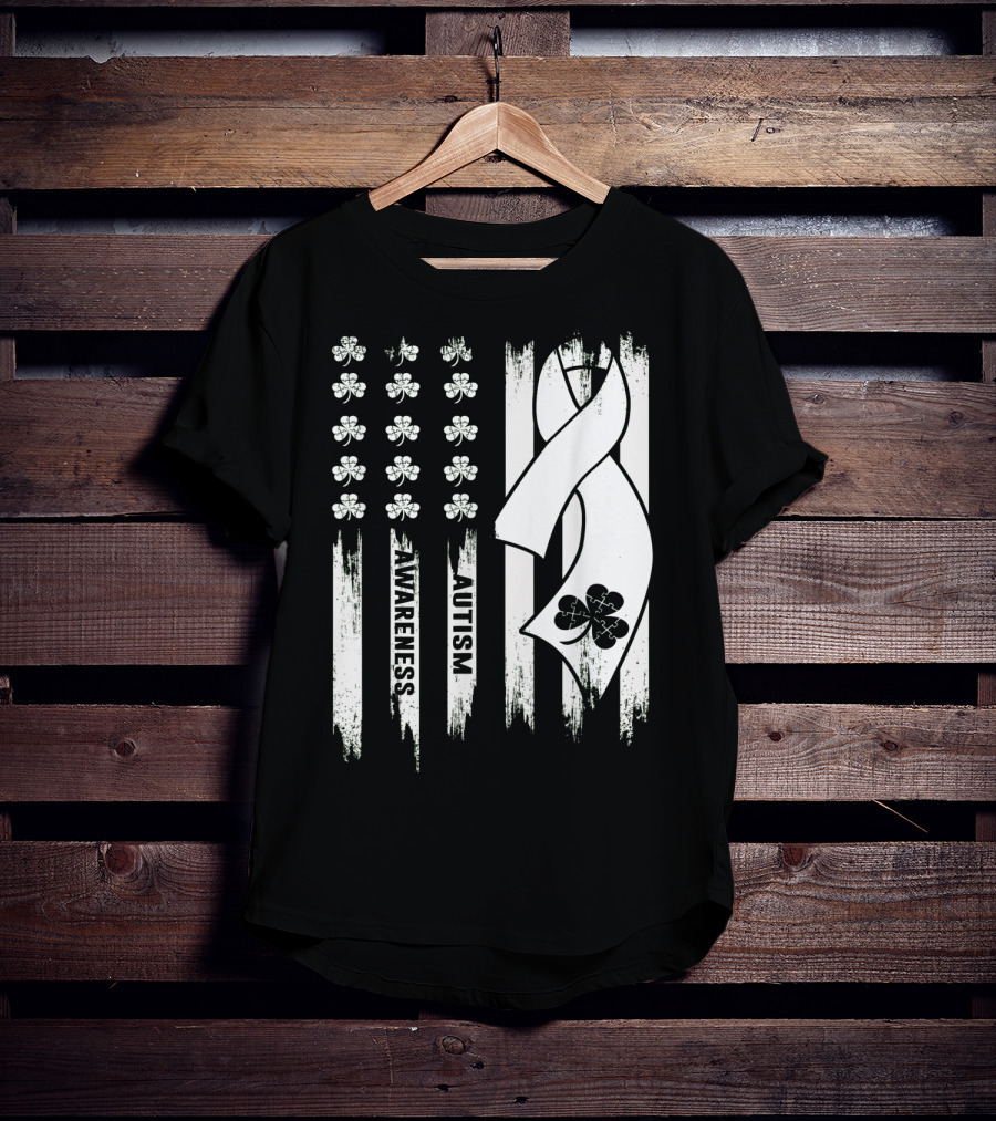 Autism Awareness Ribbon Patrick's Day American Flag Clover T-Shirt