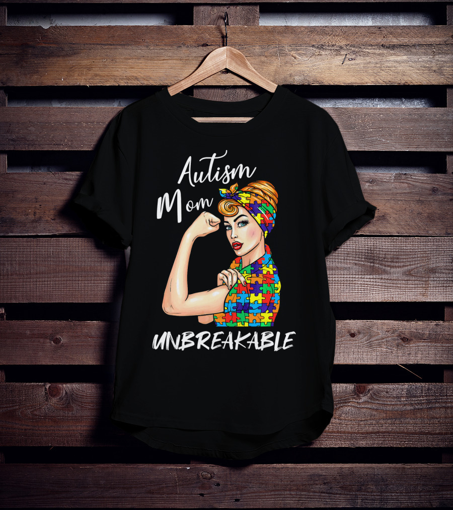 Autism Mom Unbreakable Autistic Puzzle Pattern Rosie The Riveter T-Shirt