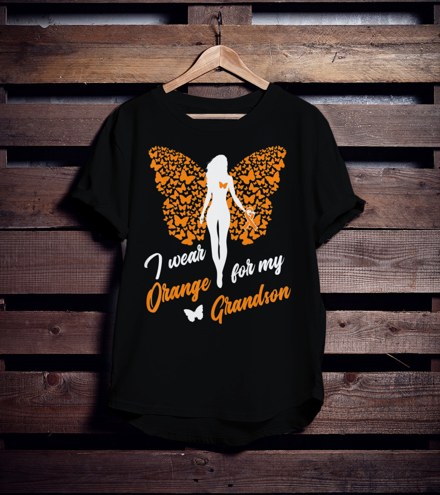 I Wear Orange For My Grandson Leukemia Butterfly Ribbon Awareness T-Shirt