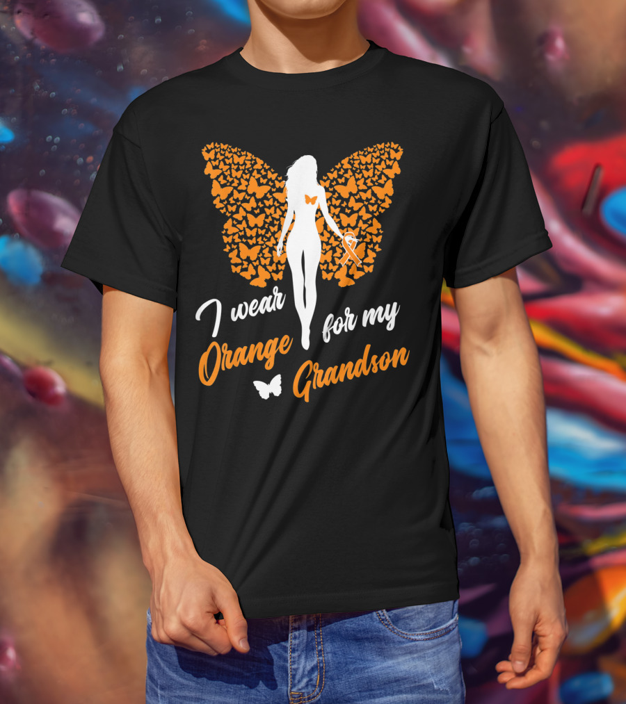 I Wear Orange For My Grandson Leukemia Butterfly Ribbon Awareness T-Shirt