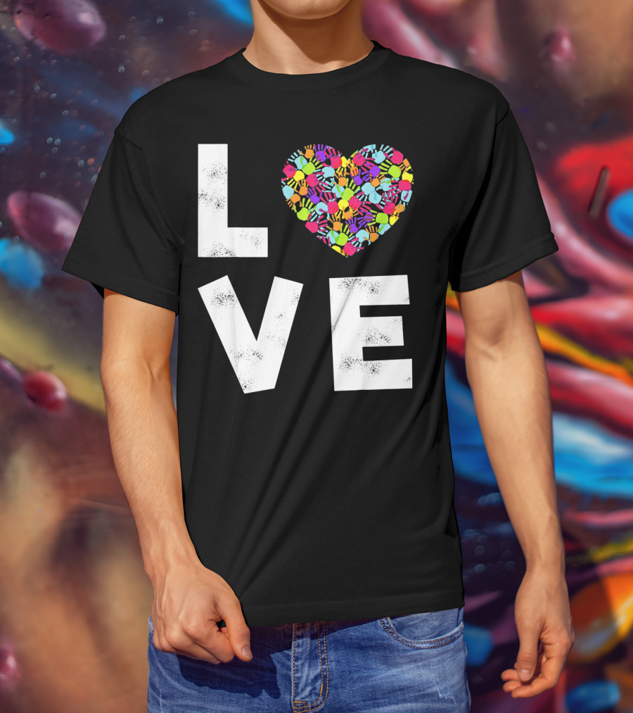 LOVE Heart With Colorful Handprints For Autism Awareness T-Shirt