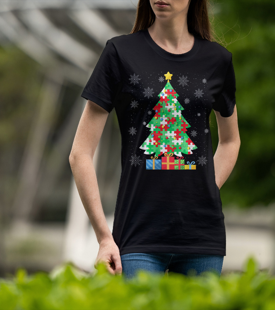 Autism Tree Christmas Puzzle Pattern With Gifts And Snowflakes T-Shirt