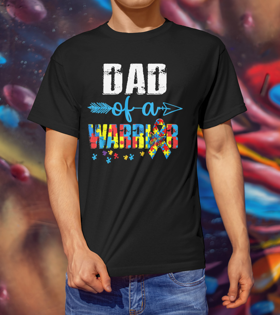 Dad Of A Warrior Autism Awareness Ribbon Arrow Puzzle T-Shirt