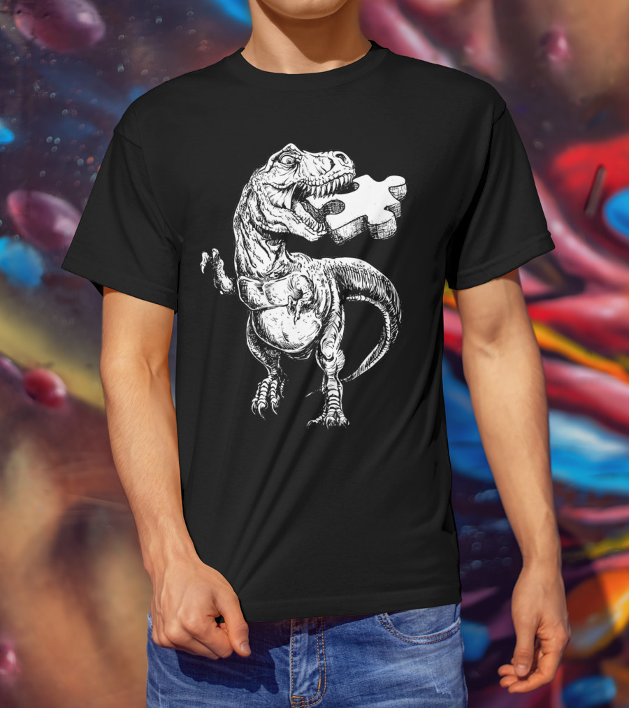 Cool Dinosaur Puzzle Piece Autism Awareness T-Shirt