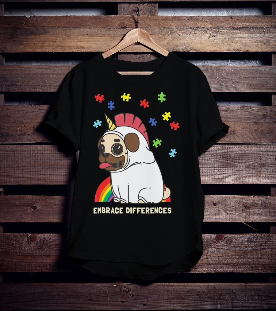 Embrace Differences Autism Awareness Unicorn Pug T-Shirt