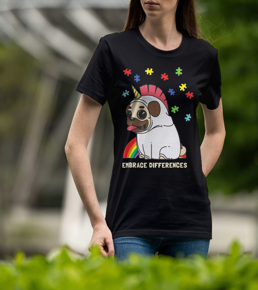 Embrace Differences Autism Awareness Unicorn Pug T-Shirt