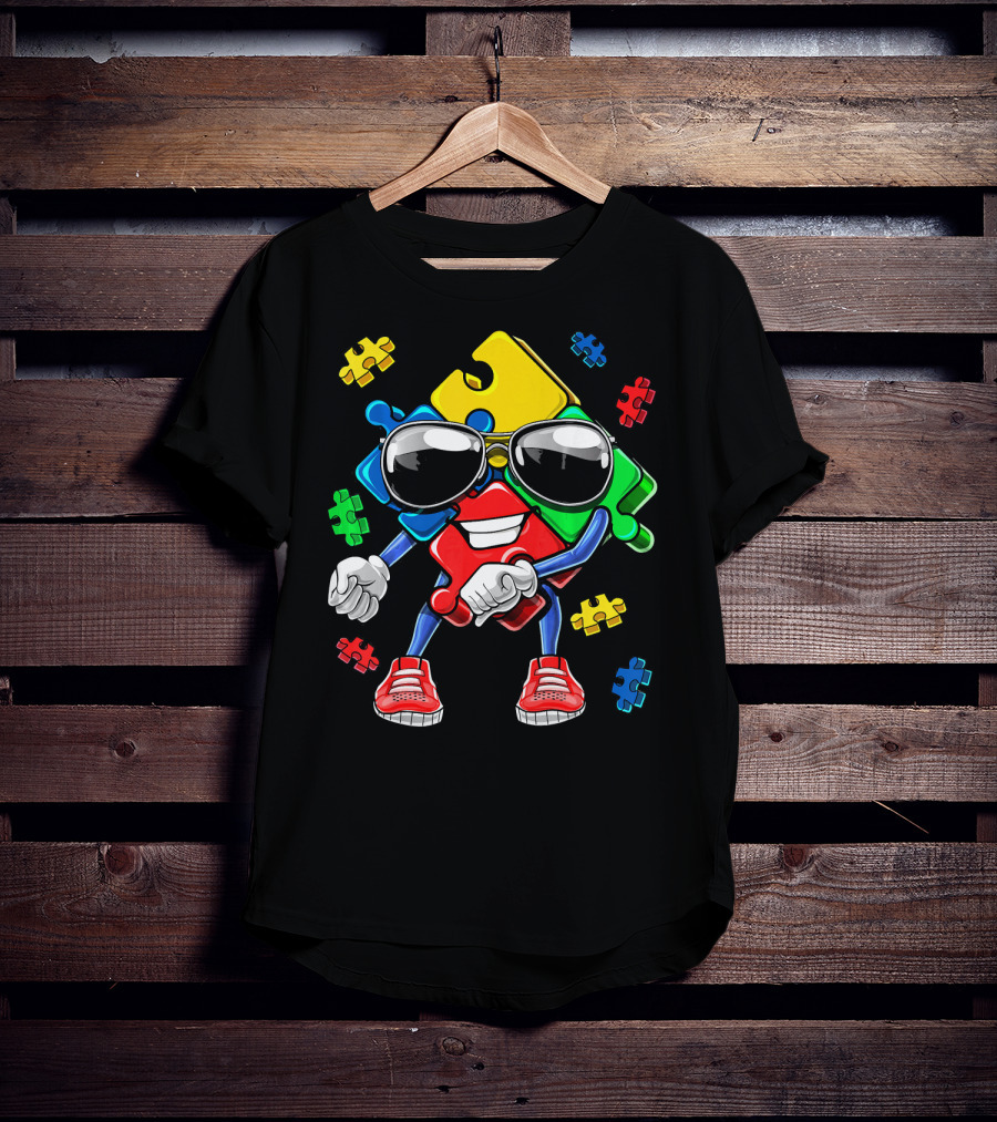 Autism Awareness Flossing Puzzle Piece With Sunglasses And Sneakers T-Shirt