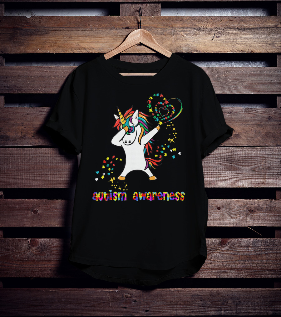 Autism Awareness Dabbing Unicorn Rainbow Puzzle Heart T-Shirt