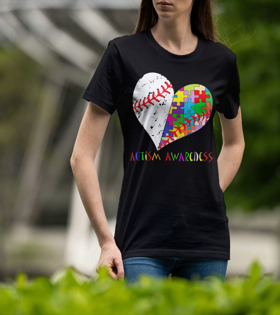 Swing For A Cause Baseball Heart Autism Awareness Puzzle Pieces T-Shirt