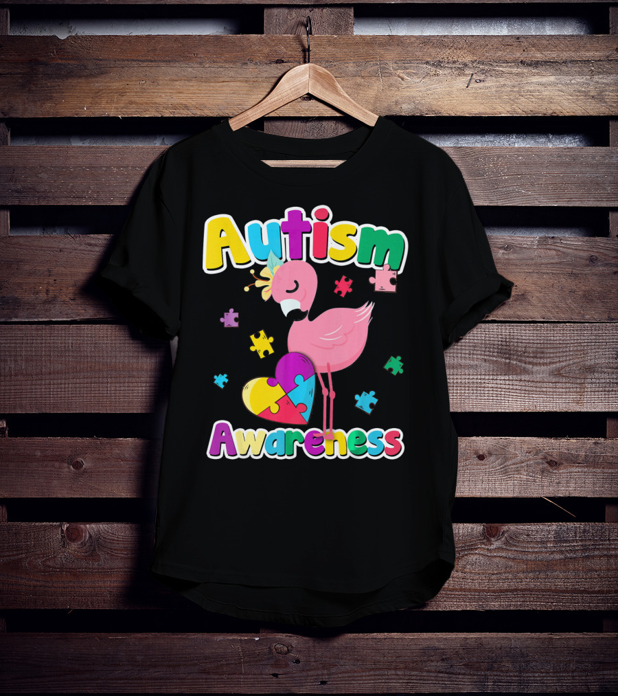 Autism Awareness Flamingo Heart Puzzle Pieces T-Shirt