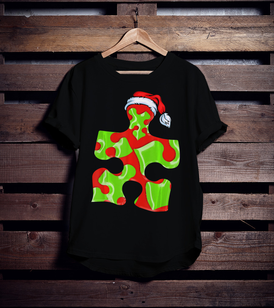 Puzzle Piece Santa Hat Red Green Autism Awareness T-Shirt
