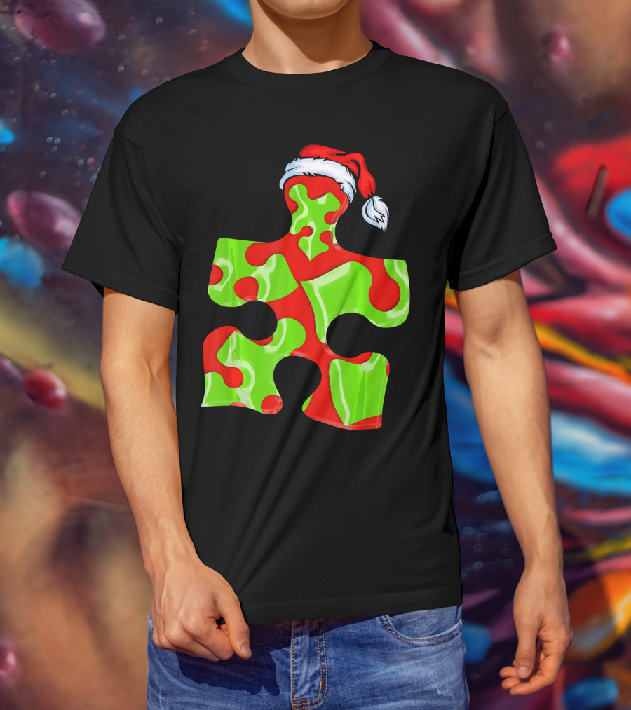 Puzzle Piece Santa Hat Red Green Autism Awareness T-Shirt