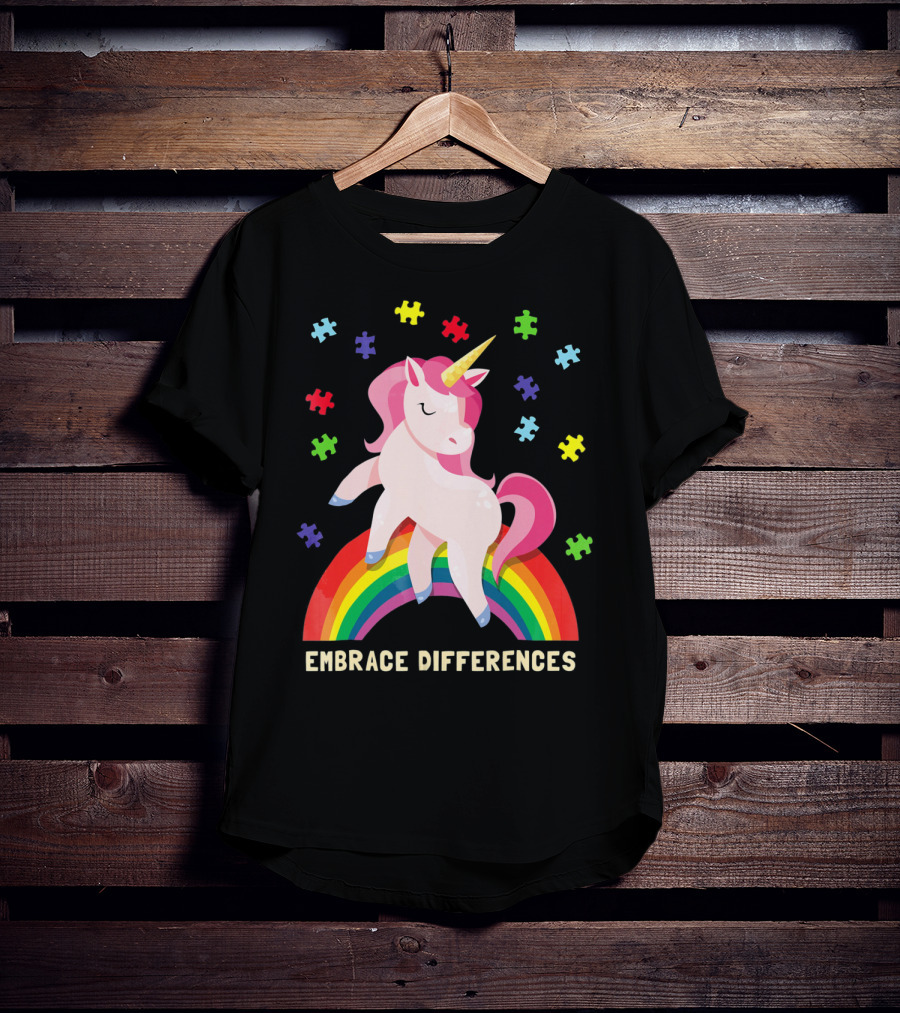 Embrace Differences Autism Awareness Youth Unicorn Rainbow Puzzle Pieces T-Shirt