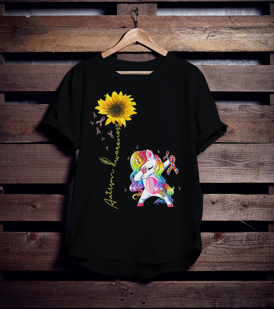 Autism Awareness Unicorn With Rainbow Ribbon Sunflower T-Shirt