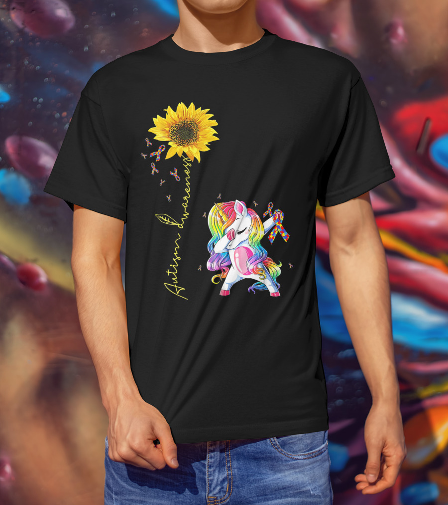 Autism Awareness Unicorn With Rainbow Ribbon Sunflower T-Shirt