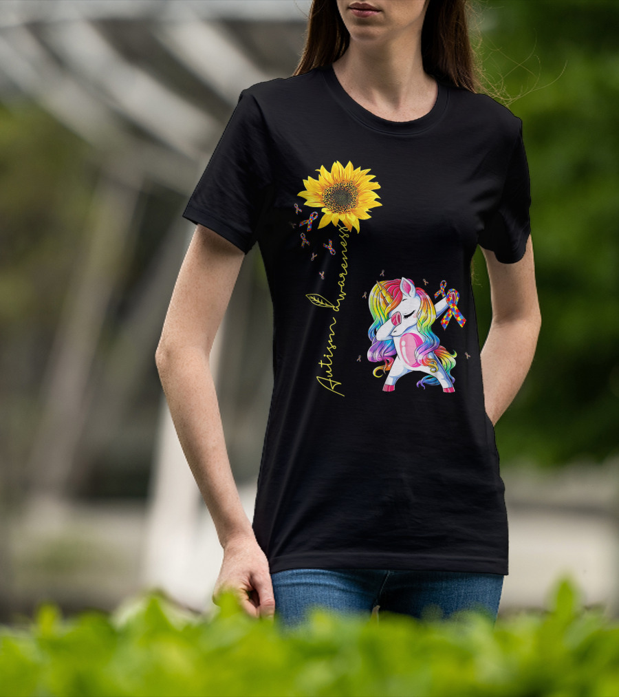 Autism Awareness Unicorn With Rainbow Ribbon Sunflower T-Shirt