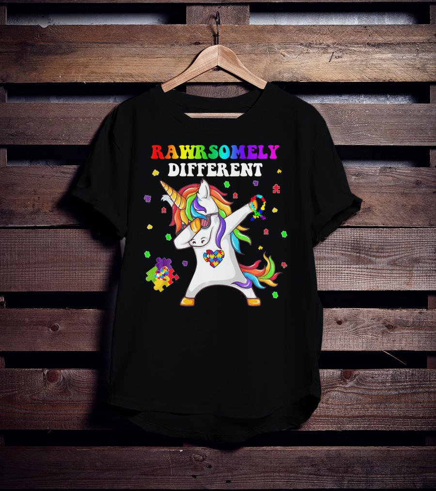 Rawrsomely Different Unicorn Autism Awareness Puzzle Pieces Dabbing T-Shirt