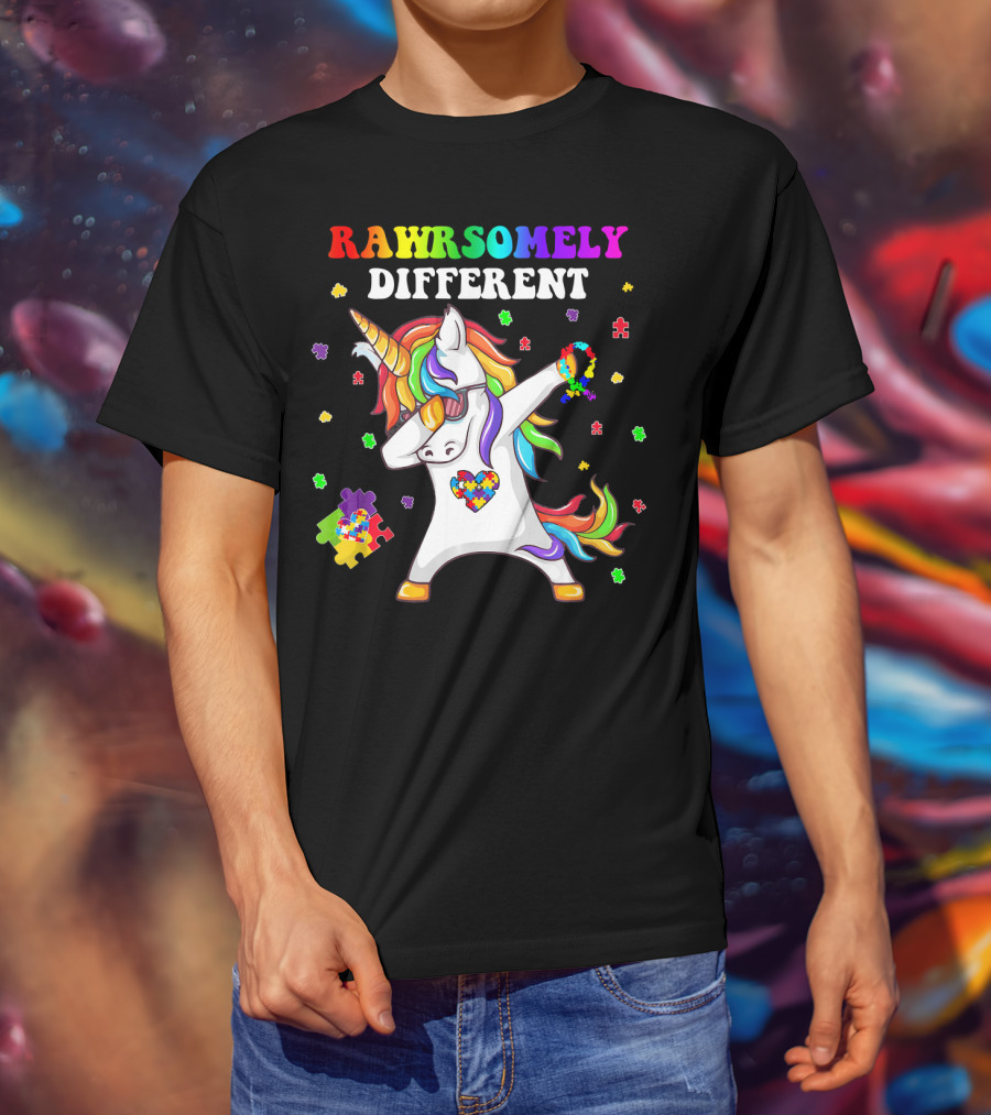 Rawrsomely Different Unicorn Autism Awareness Puzzle Pieces Dabbing T-Shirt