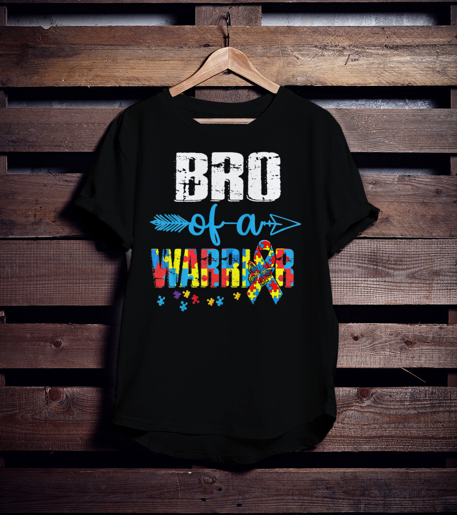 Bro Of A Warrior Autism Awareness Puzzle Ribbon Butterfly Arrow T-Shirt