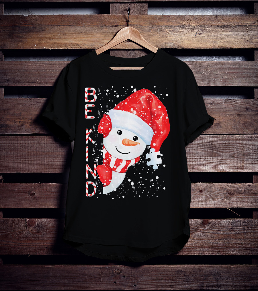 Be Kind Snowman Santa Hat Autism Puzzle Piece Holiday T-Shirt