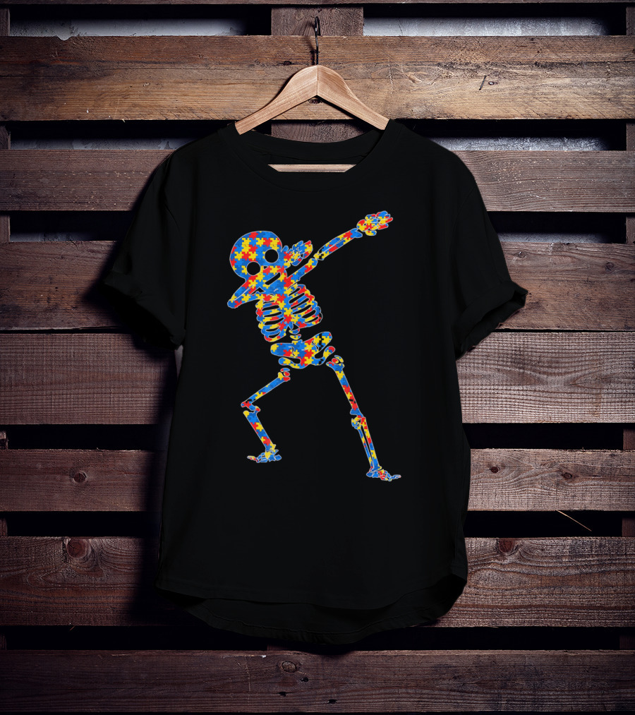 Halloween Autism Skeleton Dabbing Puzzle Pattern Awareness T-Shirt