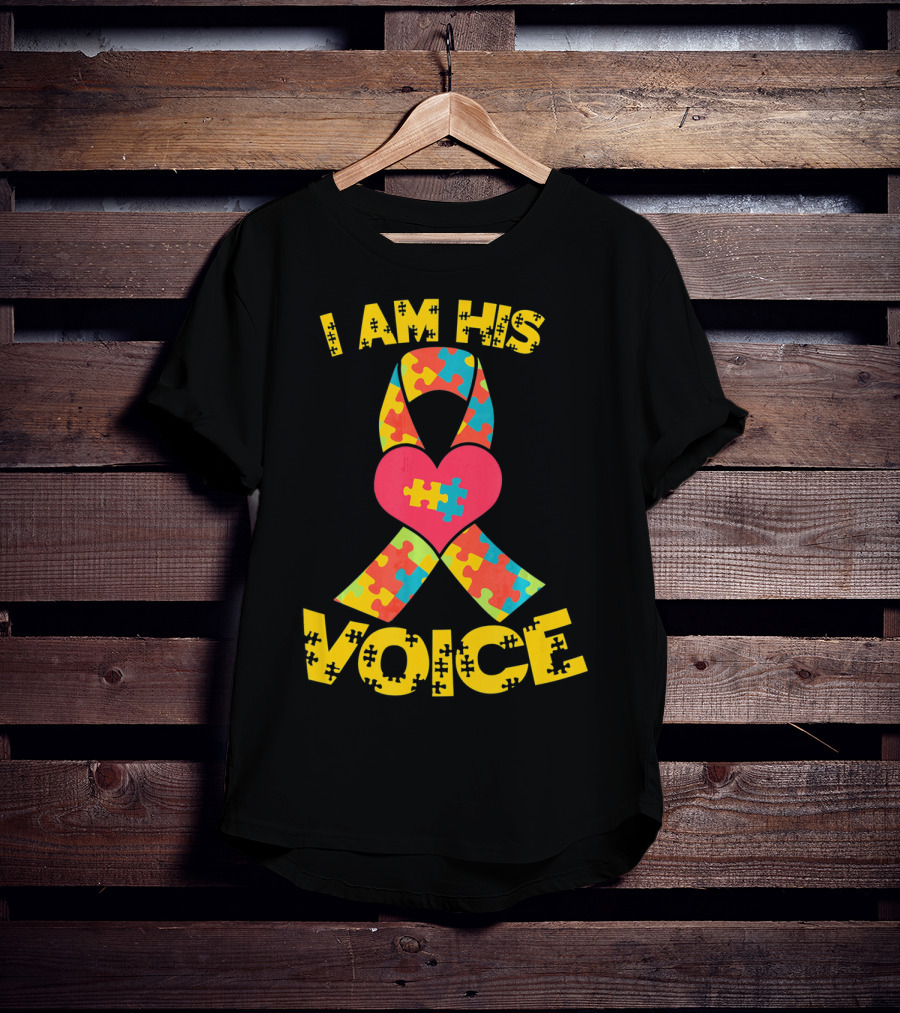 I Am His Voice Autism Awareness Puzzle Ribbon Heart T-Shirt