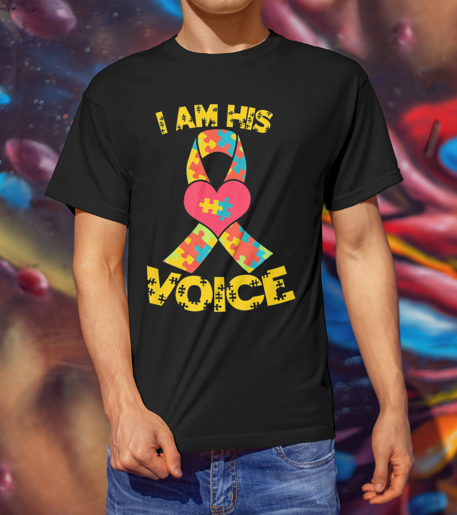 I Am His Voice Autism Awareness Puzzle Ribbon Heart T-Shirt