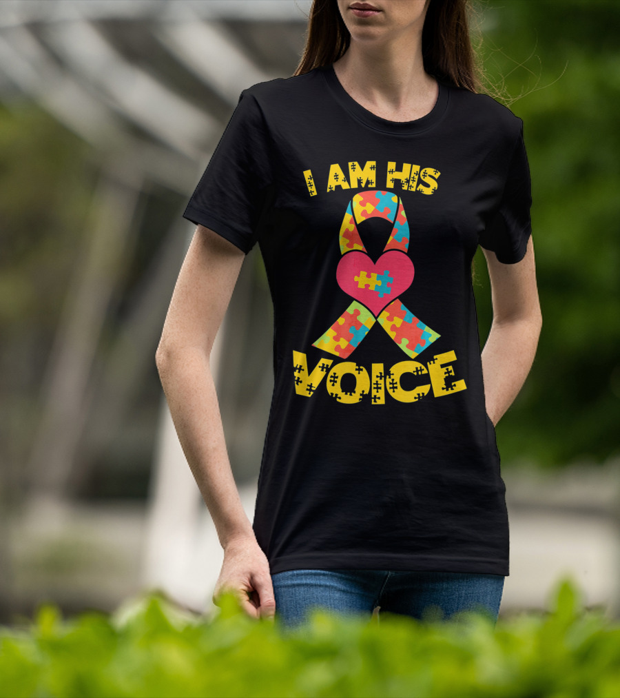 I Am His Voice Autism Awareness Puzzle Ribbon Heart T-Shirt
