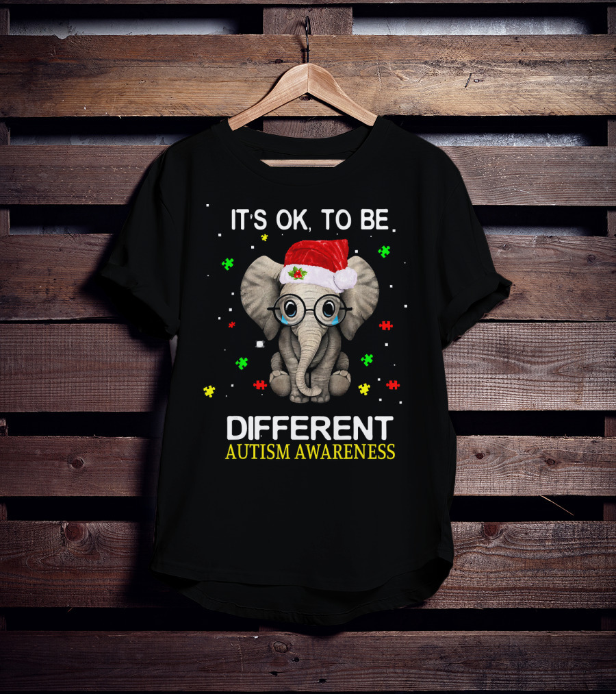 Its OK To Be Different Elephant Autism Awareness Santa Hat Puzzle Pieces T-Shirt