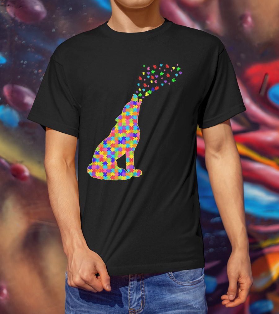 Wolf Puzzle Autism Awareness Puzzle Pieces T-Shirt