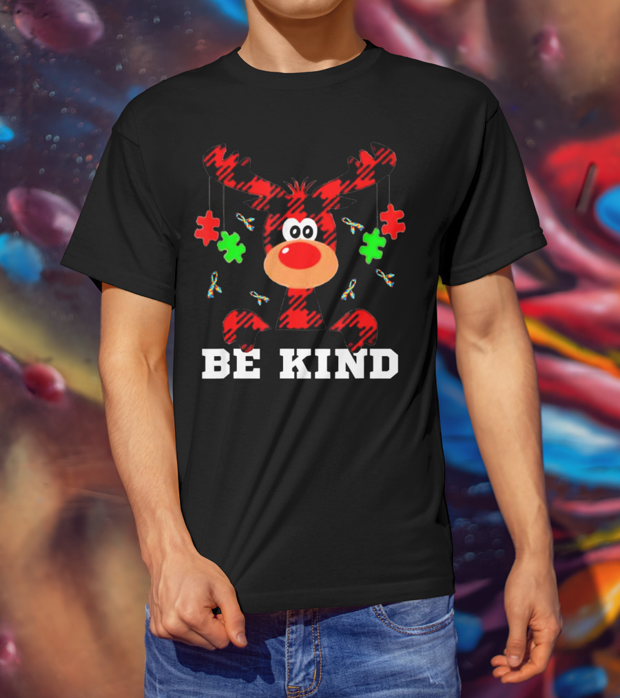 Be Kind Autism Awareness Christmas Reindeer Puzzle Pieces T-Shirt