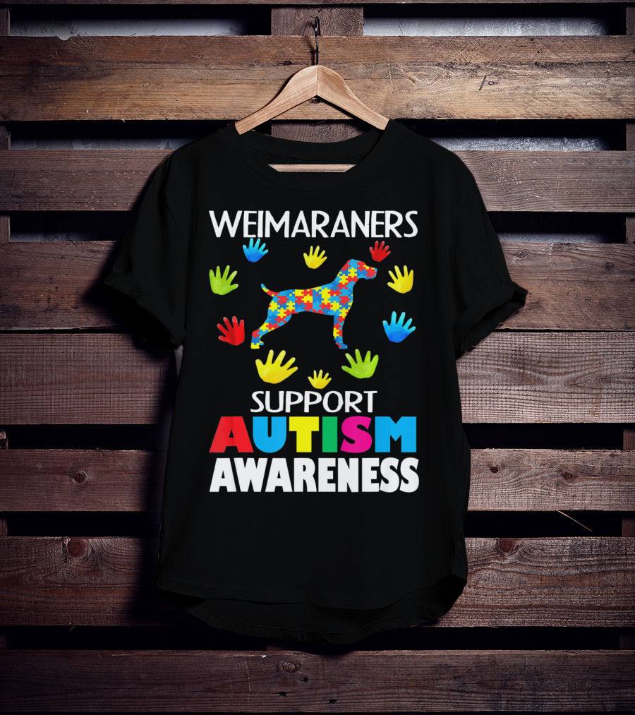 Weimaraners Support Autism Awareness Puzzle Piece Dog With Colorful Hands T-Shirt