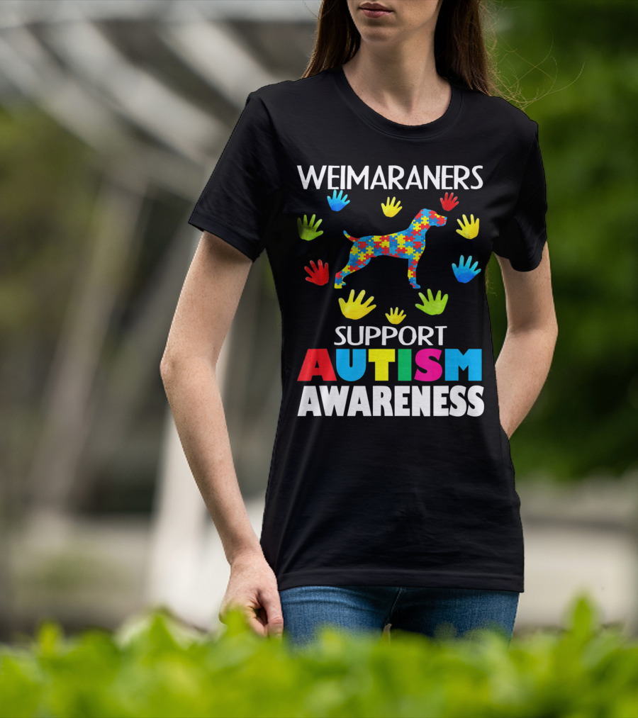 Weimaraners Support Autism Awareness Puzzle Piece Dog With Colorful Hands T-Shirt