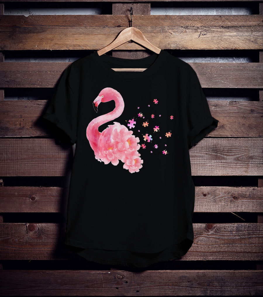 Flamingo Puzzle Autism Awareness Floral Elements T-Shirt