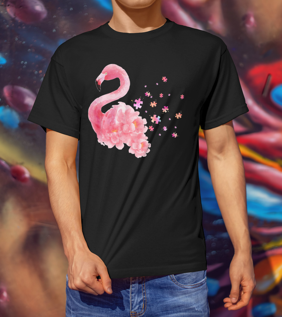 Flamingo Puzzle Autism Awareness Floral Elements T-Shirt
