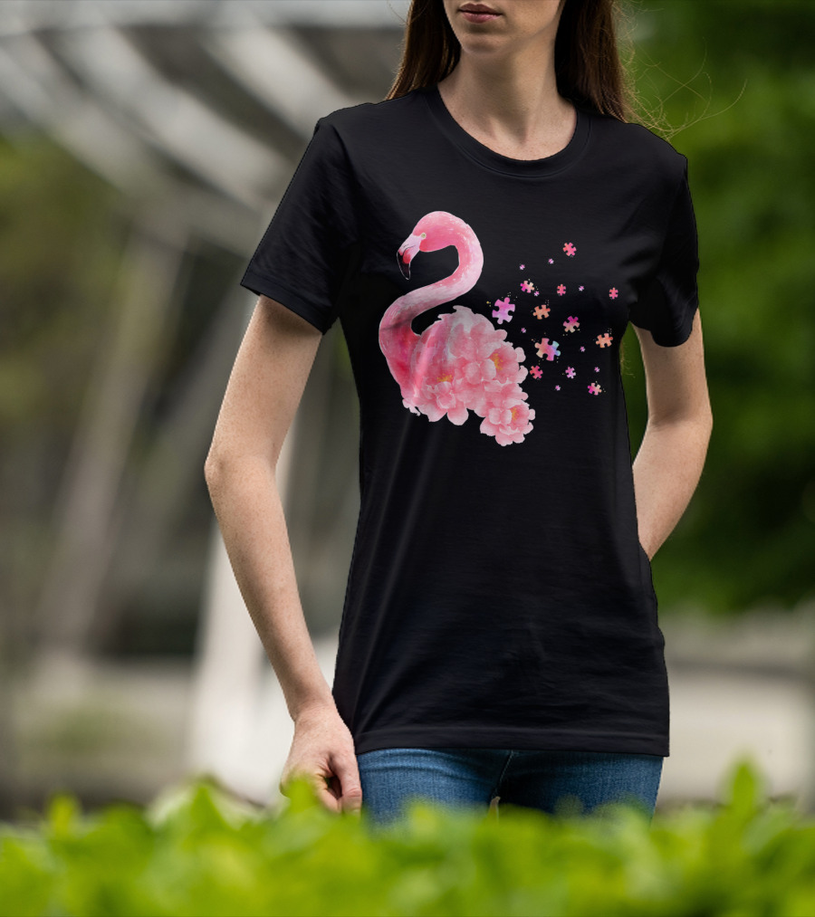 Flamingo Puzzle Autism Awareness Floral Elements T-Shirt